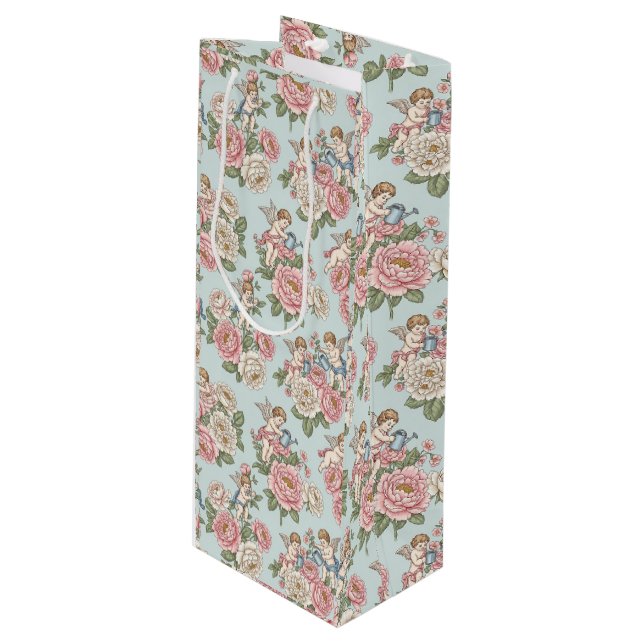 Sacola Para Vinho Rococo Revival Cherub Floral Toile Wrapping Paper (Frente inclinada)