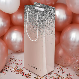 Sacola Para Vinho Rosa Dourado - Rosa Bege Glitter Monograma Prata