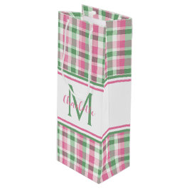Sacola Para Vinho Rosa e Verde Xadrez Monograma Préppy
