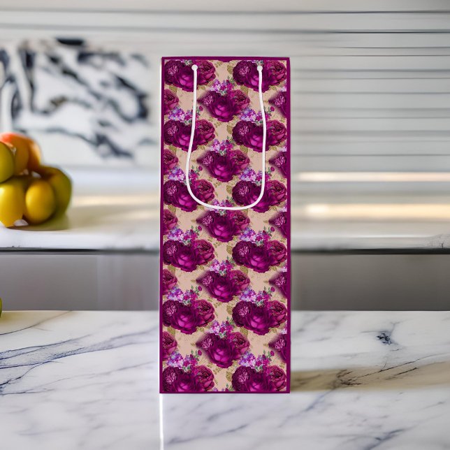 Sacola Para Vinho Rosas de magenta romântica e folhas Douradas em pê (Criador carregado)