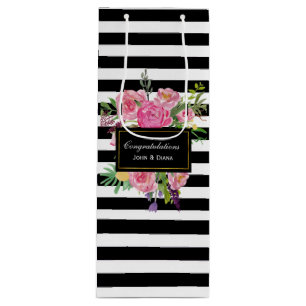 Sacola Para Vinho Saca-Rolas de Listras e Flores Elegantes