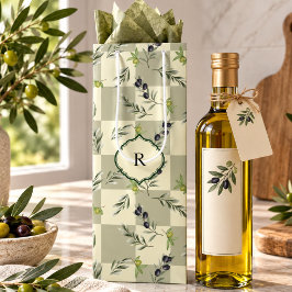Sacola Para Vinho Sage Verde Aquarela Chic Padrão Monograma Oliva