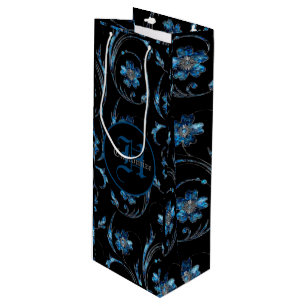 Sacola Para Vinho Shimmer Azul Monograma Floral 2