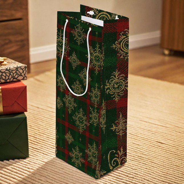 Sacola Para Vinho Steampunk Snowflake Red and Green Tartan (Criador carregado)