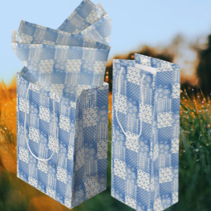 Sacola Para Vinho Tecido de jeans azul vintage e remendo branco crem