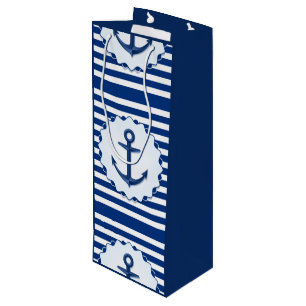Sacola Para Vinho Tema Marinho Blue e White Strike com Âncora