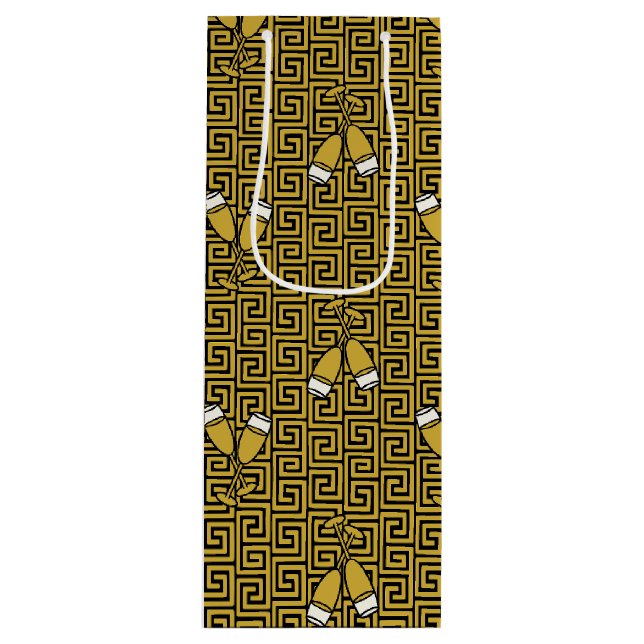 Sacola Para Vinho Tostão de Celebração da Chave Grega - Dourado e Pr (Frente)