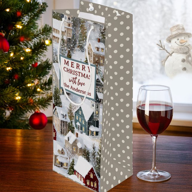 Sacola Para Vinho Traditional Winter Christmas  (Christmas gift bag featuring a snow covered city with pine trees on a classic polka dot pattern)