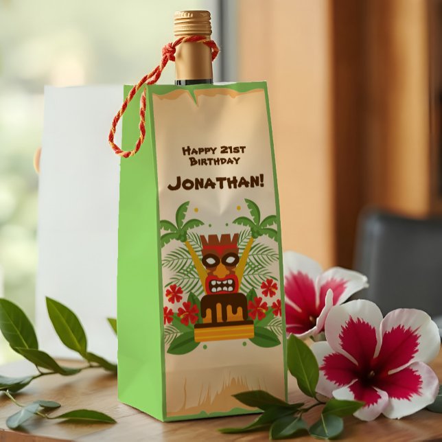 Sacola Para Vinho Tropical Luau Tiki Diversão de Bar Retro Havaí Ani (This tiki themed birthday party wine gift bag brings the kitsch with a retro Hawaiian luau vibe.)