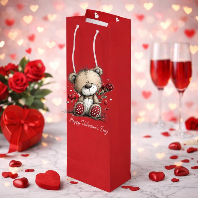 Sacola Para Vinho Valentine Teddy Bear with Rose and Hearts (Criador carregado)