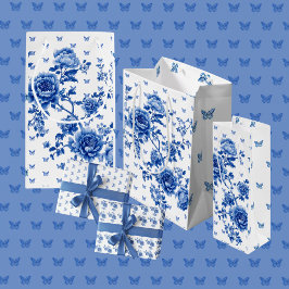 Sacola Para Vinho Vintage Chinoiserie Blue White Butflies Rosas