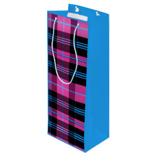 Sacola Para Vinho Xadrez Cor-De-Rosa Moderna E Azul Com Lado Azul