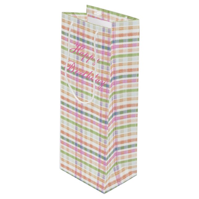 Sacola Para Vinho Xadrez rosa com azul (Frente inclinada)