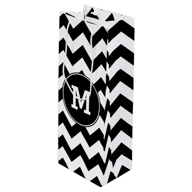 Sacola Para Vinho Zigzag preto e branco monograma (Frente inclinada)