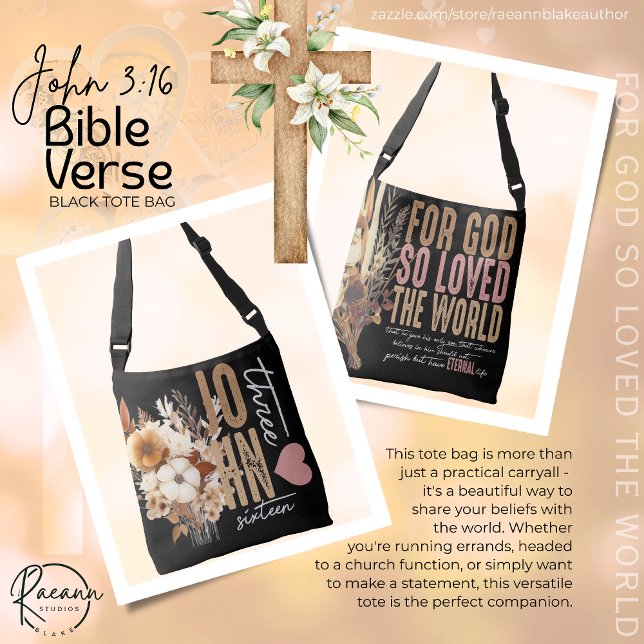 Sacola Tote Preta com Versículo Bíblico João 3:16 (Criador carregado)
