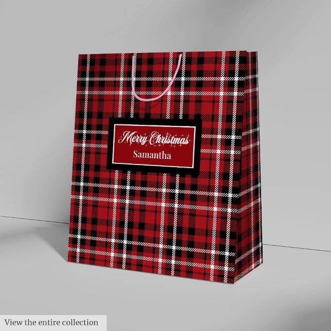 Sacolas de Presente de Natal Xadrez Vermelho Preto (Santa Gift Bags Red Black Plaid Personalized Wrap)