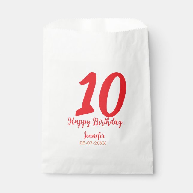 Sacolinha 10.º aniversário adicionar nome data ano vermelho  (Frente)