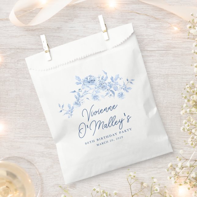 Sacolinha 80th Birthday Party Dusty Blue Rose Floral Custom (Cortado)