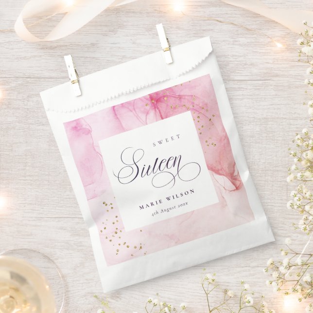 Sacolinha Abstrato Pastel Rosa Púrpura Doce 16 Aniversário (Cortado)