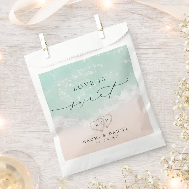 Sacolinha Amor é Sweet Modern Script Beach Sand Hearts (Cortado)