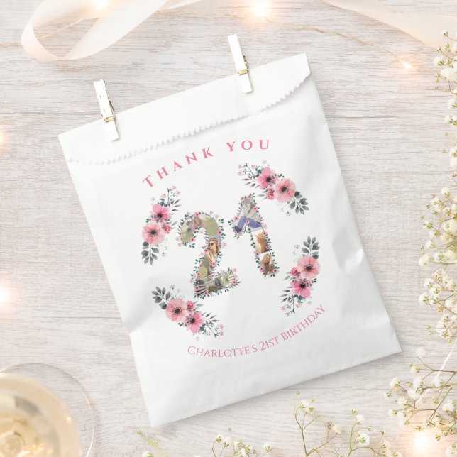 Sacolinha aniversário de 21 anos Foto Collage Pink Flower Gi (Cortado)