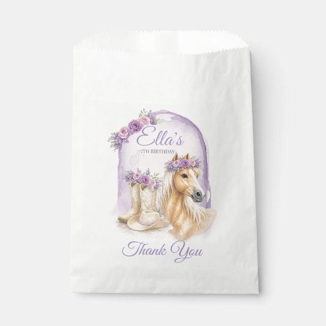 Sacolinha Aniversário de Meninas com Cavalo Floral Roxo (Frente)
