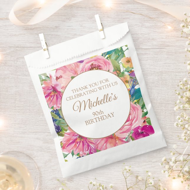 Sacolinha Aniversário do 90 Floral Amarelo Cor-de-Rosa (Cortado)