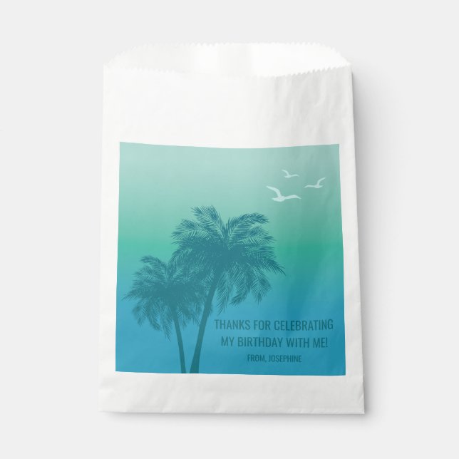 Sacolinha Aqua Blue Gradient Palm Trees Birthday Thank You (Frente)