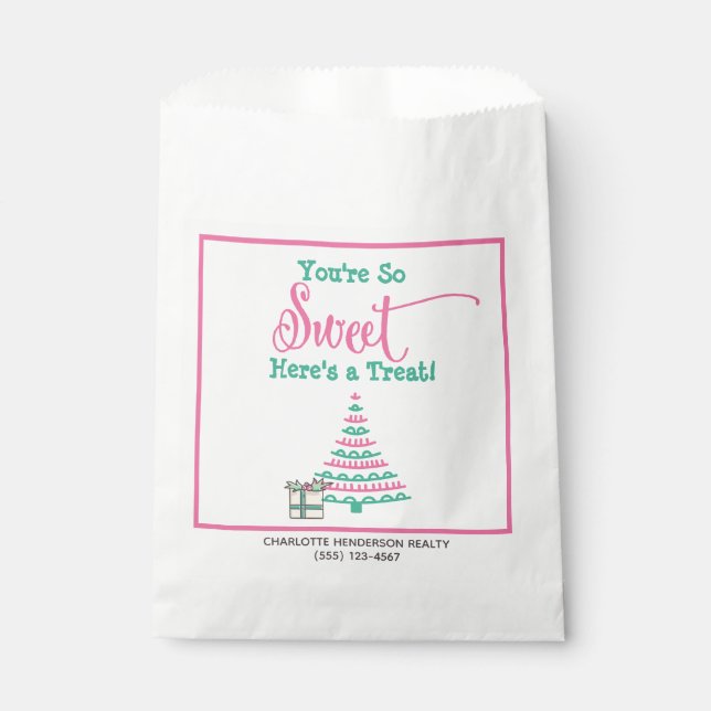 Sacolinha Árvore de Natal Rosa e Verde Fofo Doce Tratamento (Frente)