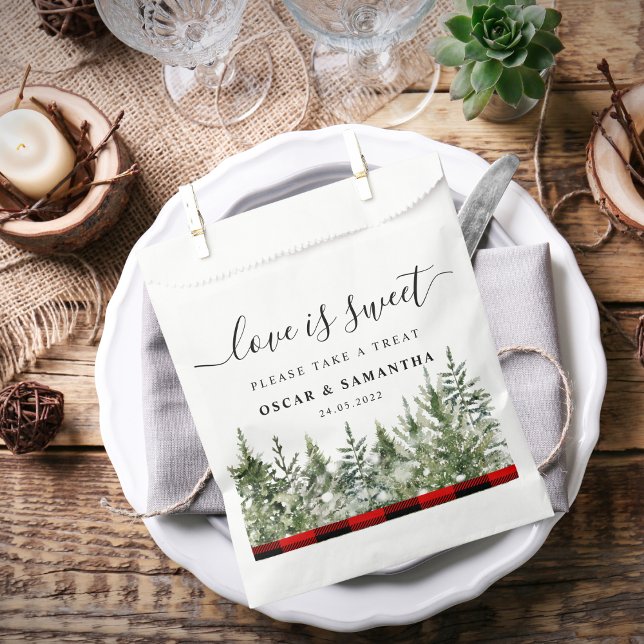 Sacolinha Árvore verde de pinheiro de aquarela e Xadrez verm (Criador carregado)