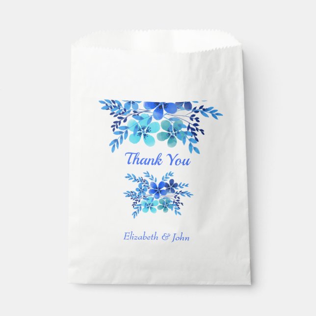Sacolinha Azul e Aqua Floral Watercolor | Obrigado Casamento (Frente)