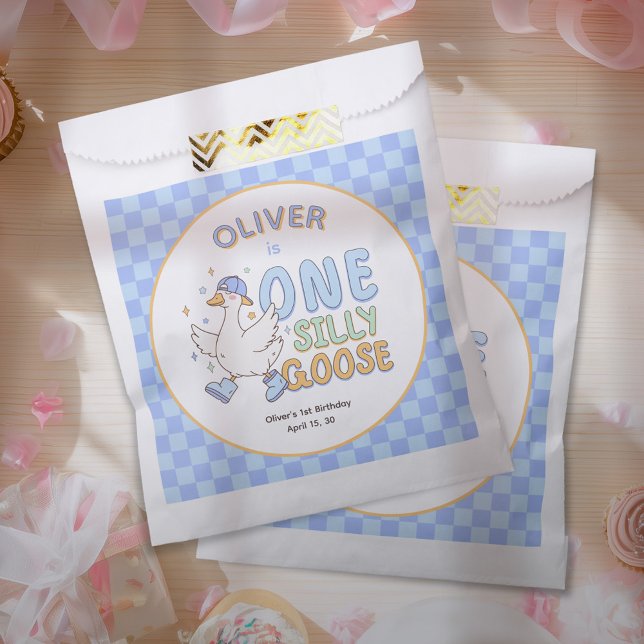 Sacolinha Azul Um Ganso Bobo - Menino Primeiro Aniversário (Blue Silly Goose-Retro Girl First Birthday Favor Bags.)