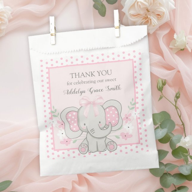 Sacolinha Baby Girl Elephant Pink Bolinhas Sip Veja Chá (Baby elephant pink and white polka dot baby girl shower/sip and see guest favor bag)