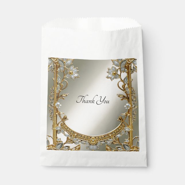Sacolinha Bag Floral de Favor Branco do Ornamentado Dourado (Frente)