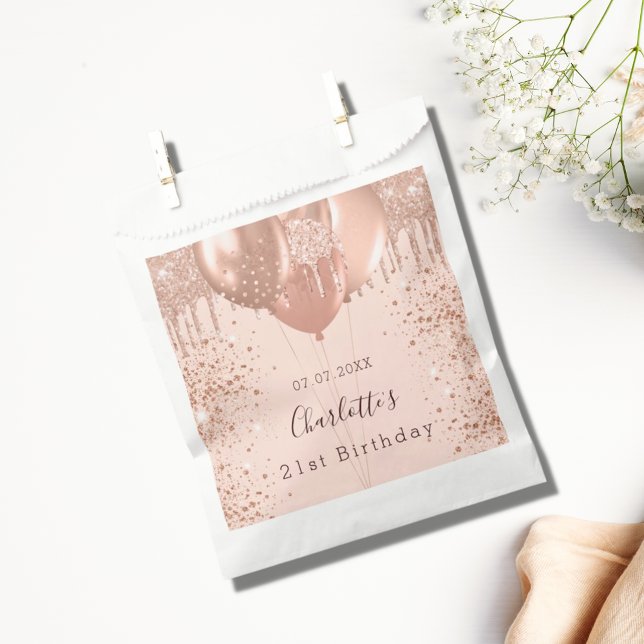 Sacolinha Balões cor-de-rosa com rosa ouro de aniversário (Criador carregado)