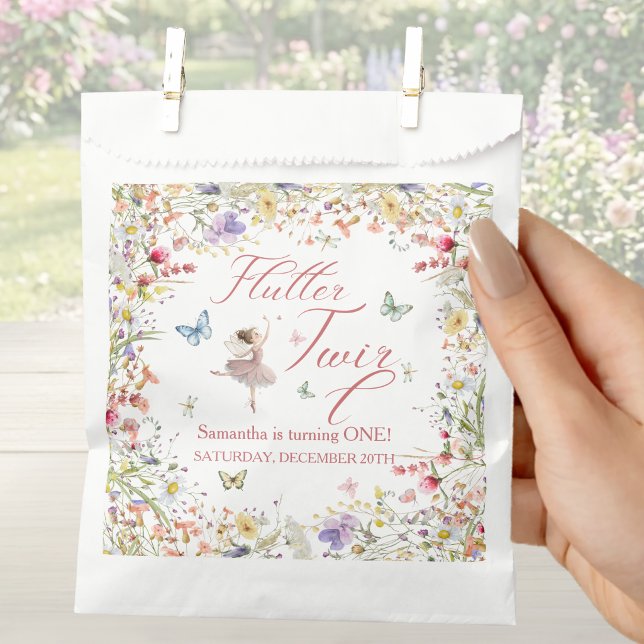 Sacolinha Bater e Girar Asas Mágicas Primeiro Aniversário (Flutter and Twirl Magical Wings First Birthday Favor Bag)