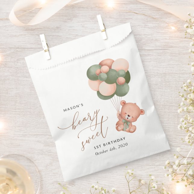 Sacolinha Bebê Urso, Balões Verdes, Primeiro Aniversário (Cortado)