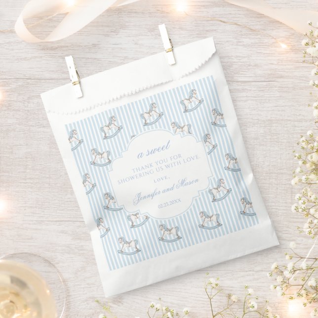 Sacolinha Belo cavalo azul de balanço bebê chá obrigado você (Cortado)