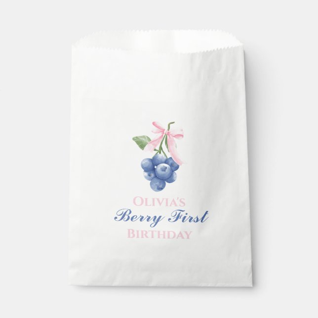 Sacolinha Berry First aniversário de mirtilo laço rosa Coque (Frente)