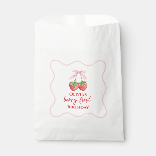 Sacolinha Berry primeiro aniversário de morango Laço Rosa (Frente)