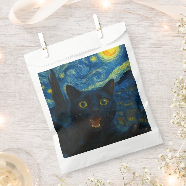 Sacolinha Black Cat Starry Night Van Gogh Cat Selfie (Cortado)