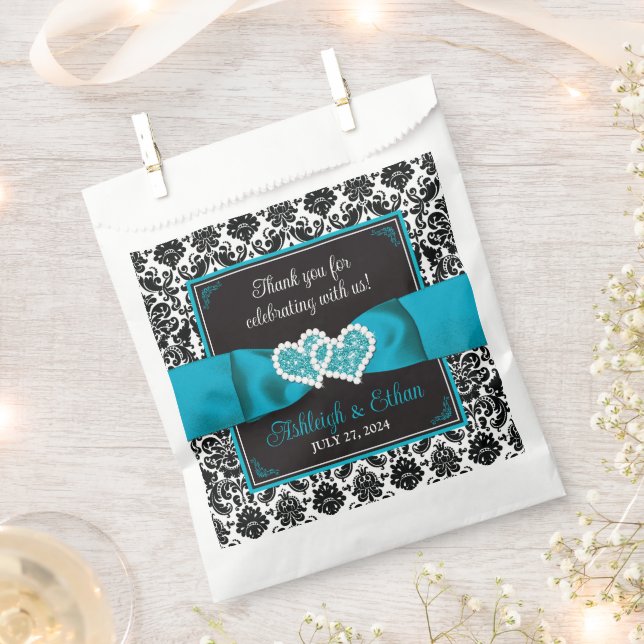 Sacolinha Black Damask, Tturquoise Love Hearts Casamento (Cortado)