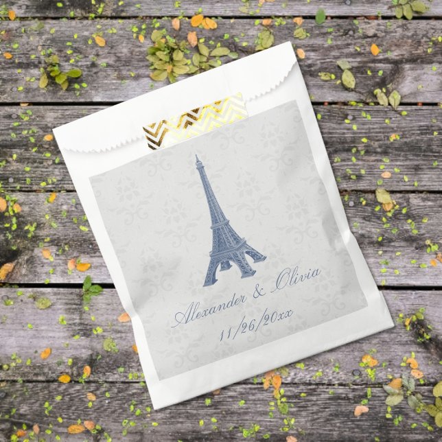 Sacolinha Bolsas Favoráveis do Casamento tema damasco da Tor (Blue Eiffel Tower Damask Wedding Favor Bags)