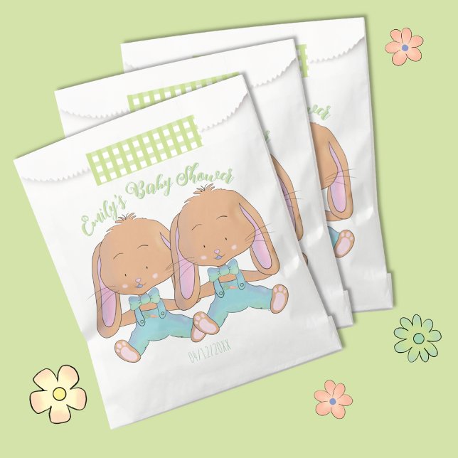 Sacolinha Bolsas Favoráveis do Chá de fraldas de Bunnies Gêm (Cute twin bunnies spring baby shower favor bags .)