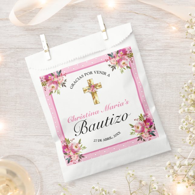 Sacolinha Bonito Rosa Floral Oro Cruz Bautismo Gracias (Cortado)