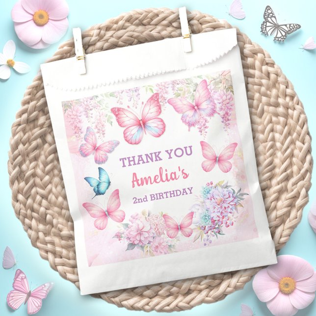 Sacolinha Borboleta Rosa Púrpura Pastel Summer Girl Aniversá (Butterfly Pink Purple Pastel Summer Girl Birthday Favor Bag)