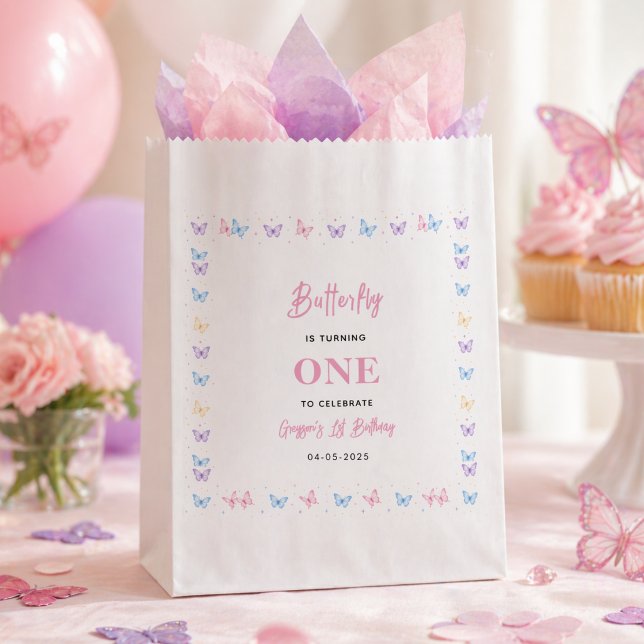 Sacolinha Borboleta Rosa Roxa Fofa Aniversário de 1 Ano para (Cute Pink Purple Butterfly 1st Birthday for Girls Favor Bag
)