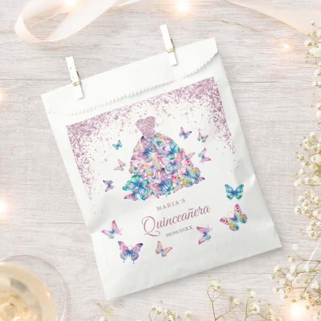 Sacolinha Borboletas Douradas de rosa, Gown Quinceanera (Cortado)