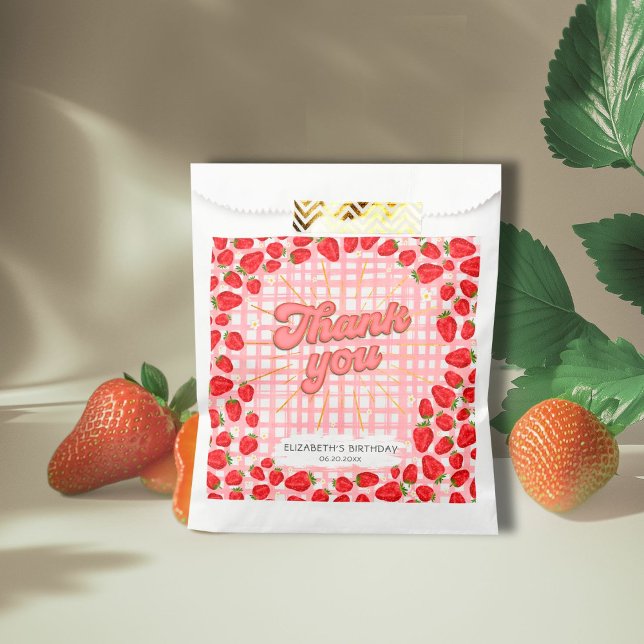 Sacolinha Branca de PInk Obrigado Festa de Morango Vermelho  (Criador carregado)