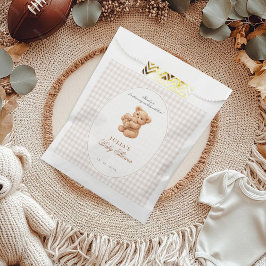 Sacolinha Brown Gingham Teddy Bear Neutral Baby Shower Paper